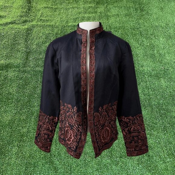 Coldwater Creek Black Brown Floral Embroidered Open Front Bolero Jacket  Size 10 - Picture 1 of 14